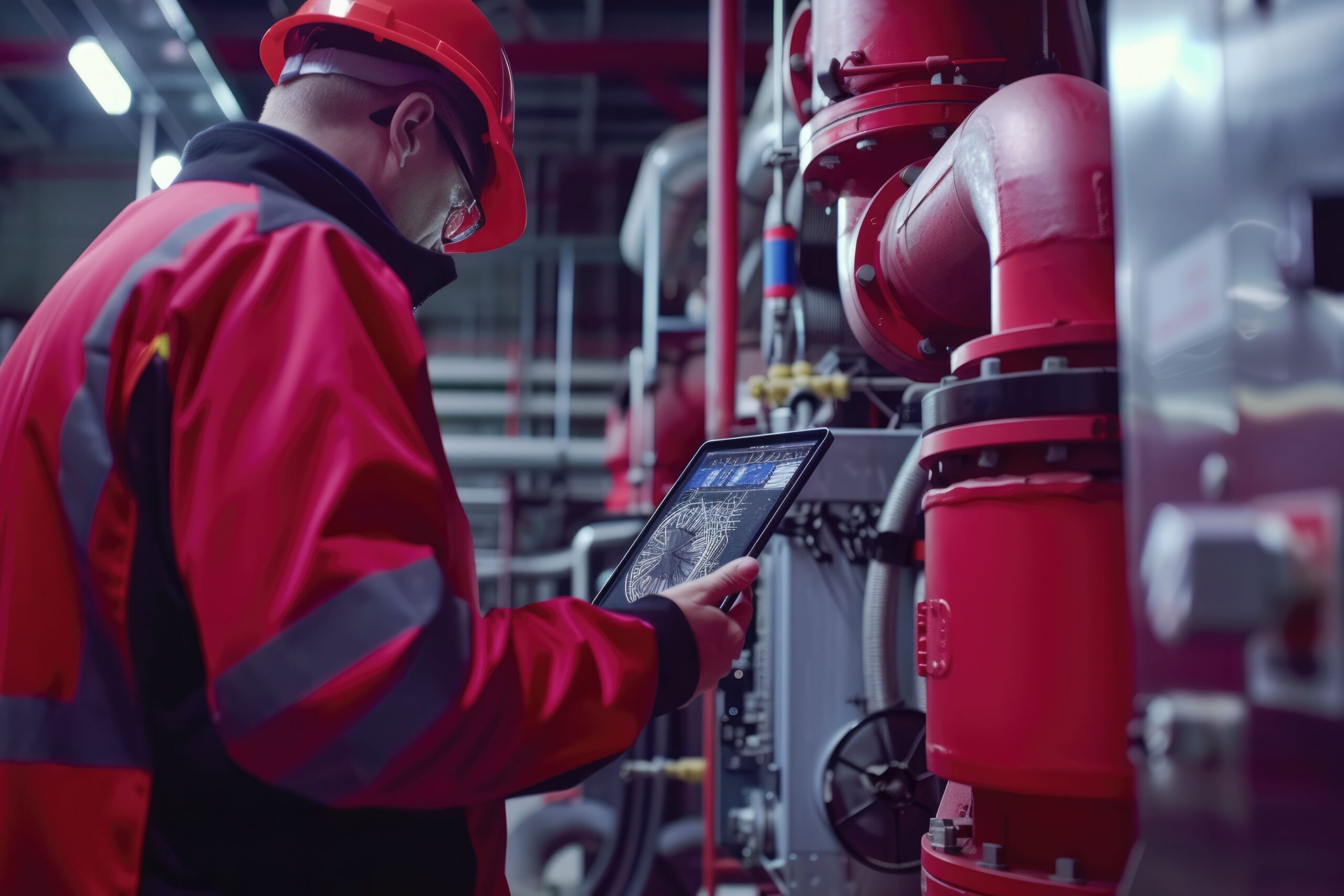 Smart engineer checking machine in factory while wearing safety helmet. AIG42.